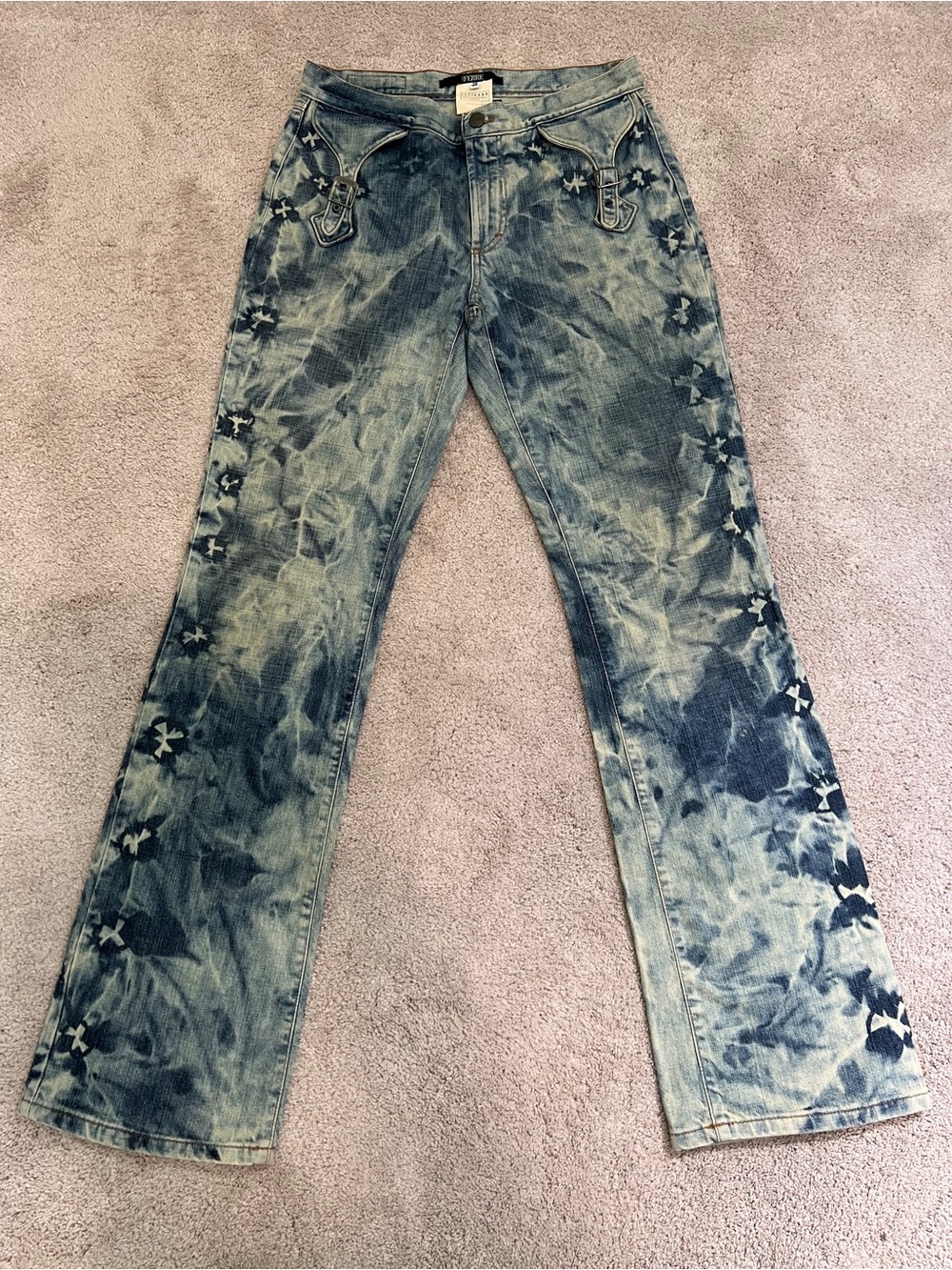 Y2K Gianfranco Ferré bleach tie-dye wash with floral/starburst flair jeans